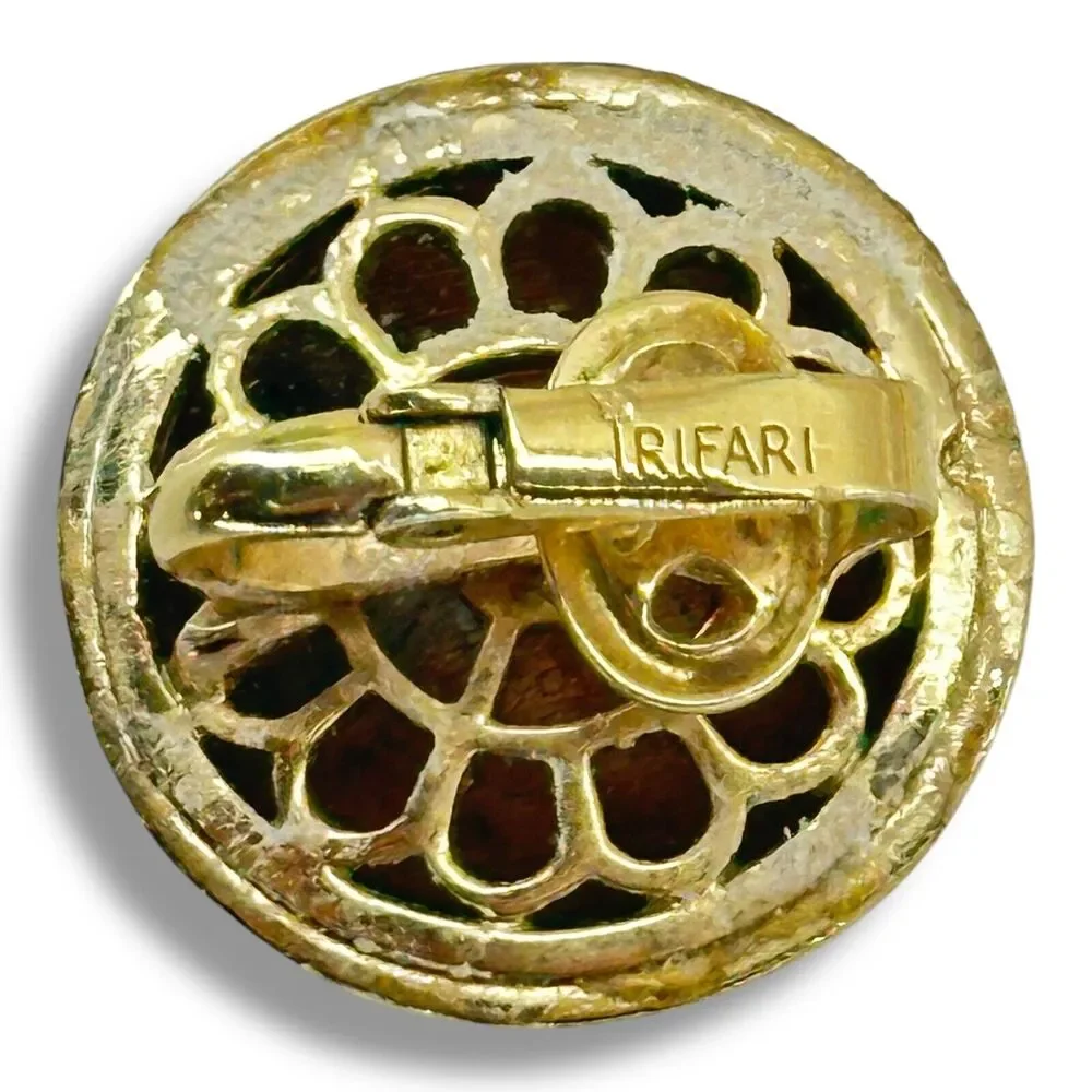 Vintage Crown Trifari Domed Earring Clip On Button Style Ribbed Gold Tone Signed